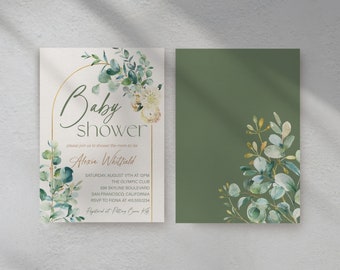 May include: Baby shower invitation with a watercolor eucalyptus and floral design. The invitation features the text "Baby shower" in elegant script, along with event details and the name Alexia Whitfield. The back of the card is a solid olive green.