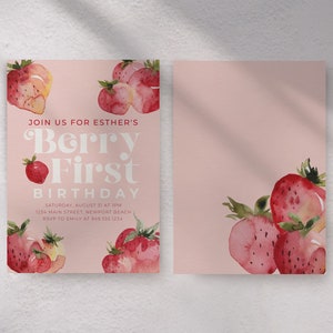 Editable Strawberry Invitation, Berry First Birthday Invite, Girl Summer Birthday, Farmers Market Birthday, Berry Sweet Girl, Sweet One