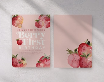 Editable Strawberry First Birthday Invitation, Summer Girl Invite