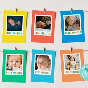 Banner de fotos coloridas EDITÁVEIS para o primeiro aniversário, fotos do marco um é divertido, cartões de fotos de aniversário mês a mês, decoração de festa arco-íris