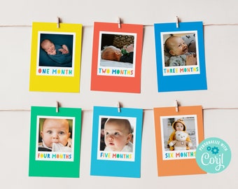 EDITABLE Colorful First Birthday Photo Banner, Milestone One is Fun Photos, Month by Month Birthday Photo Cards, Rainbow Party Decoration