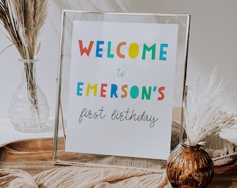 Editable Colorful Birthday Welcome Sign, Rainbow Party Decor (Instant Download)