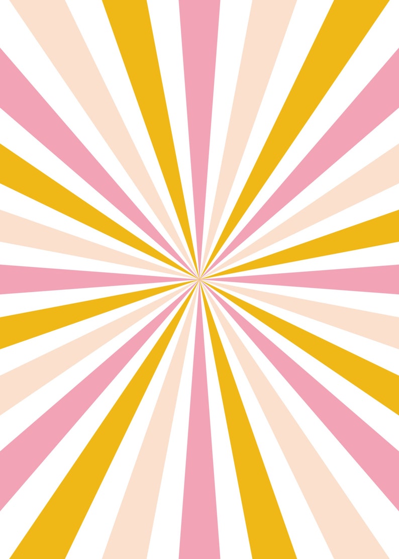 May include: Abstract background with a radiating pattern of yellow, pink, and white stripes.