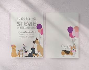 Plantilla de invitación de cumpleaños de cachorro rosa, Let's Pawty (descarga digital)