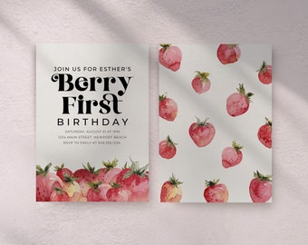 Editable Strawberry First Birthday Invitation (5x7in)