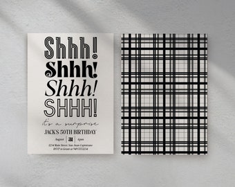 Editable Surprise Birthday Invitation, Black & White, Milestone (Digital Download)
