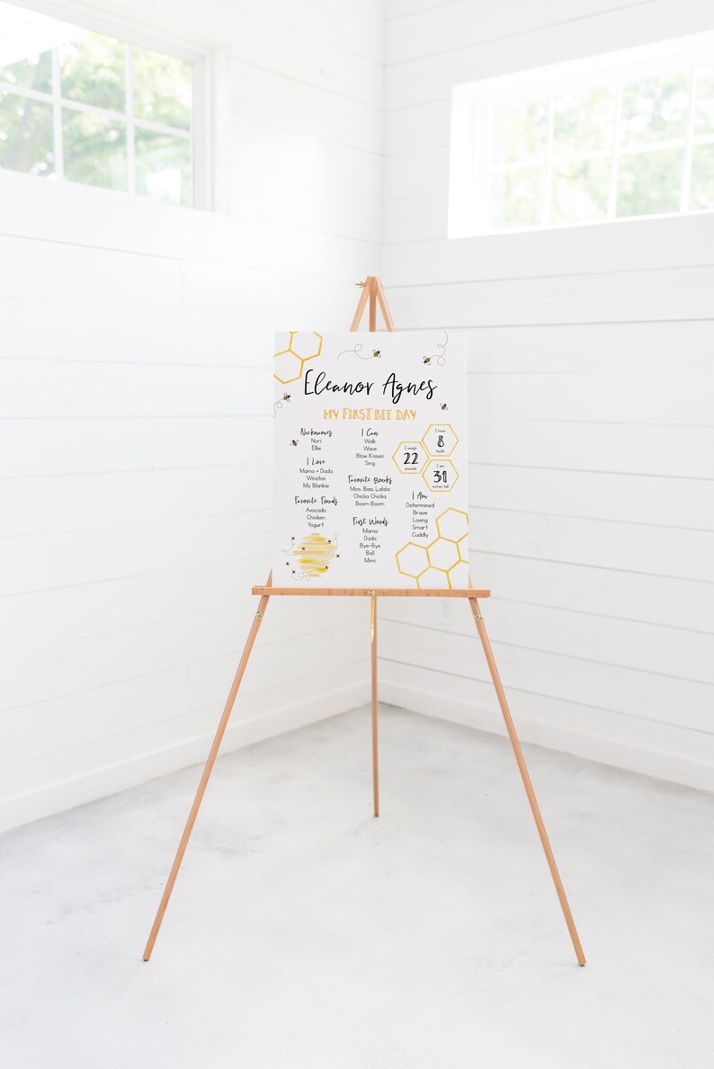May include: A white poster with a yellow honeycomb pattern and black bee illustrations. The poster has the text "Eleanor Agnes My First Bee Day" and lists information about the baby, such as their name, birthdate, weight, and favorite foods.