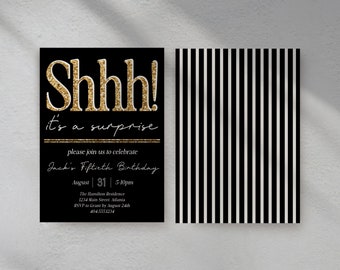 Editable Gold Surprise Birthday Invitation, Black and White (Digital Download)