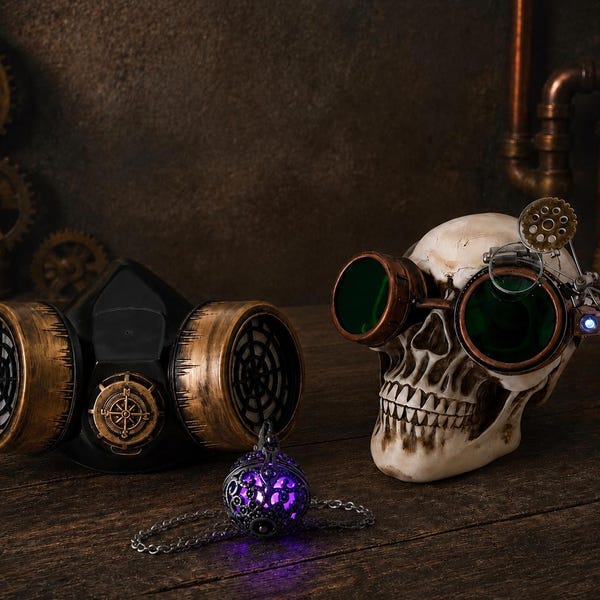 Steampunk Goggles, Costume Mask and Light-Up Necklace Set