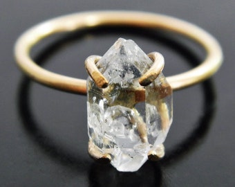 Herkimer Diamond Quartz Crystal Engagement Ring - Rough Crystal Ring - Solid Gold Ring - Filled Gold Ring - Quartz Ring - Raw Stone Ring