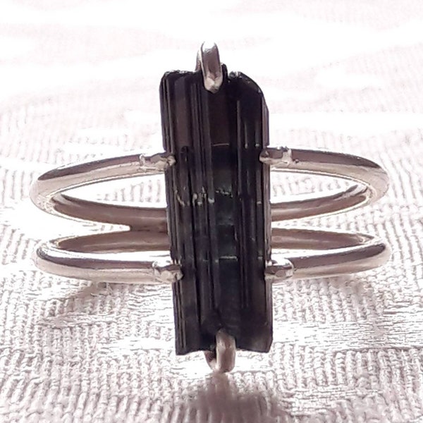 Black Tourmaline Crystal and Sterling Silver Double Band Ring - Raw Stone Ring - Rough Crystal Ring - Black Stone Ring - Gaia's Candy