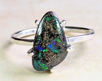Natural Australian Boulder Opal and Sterling Silver Ring - Boulder Opal Stacking Ring - October Birthstone Jewelry - Gifts Under 75