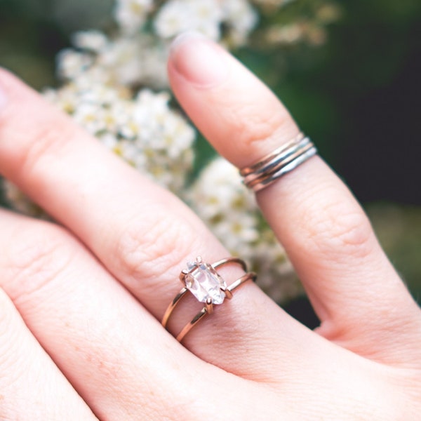 Solid Gold Double Band Herkimer Diamond Quartz Crystal Ring - Rough Crystal Engagement Ring - Raw Stone Ring - Hammered Gold Ring