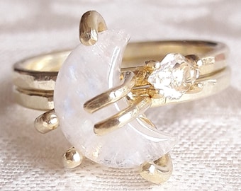 Crescent Moon and Star Stacking Ring Set - Celestial Rings - Moonstone Ring - Herkimer Diamond Ring - Stackable Rings - Raw Crystal Rings