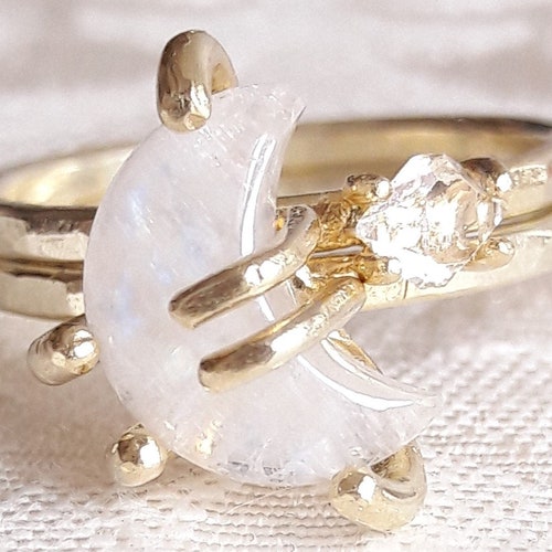Crescent Moon and Star Stacking Ring shops Set - Celestial Rings - Moonstone Ring - Herkimer Diamond Ring - Stackable Rings - Raw Crystal Rings
