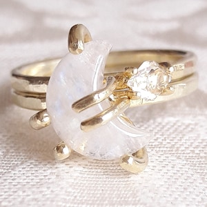 Crescent Moon and Star Stacking Ring Set Celestial Rings Moonstone Ring Herkimer Diamond Ring Stackable Rings Raw Crystal Rings image 1