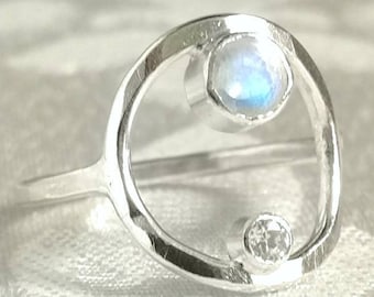 Hammered Silver Open Circle Ring with Moonstone and Zirconia - Geometric Ring - Moonstone Ring - June Birthstone Jewelry - Girlfriend Gift