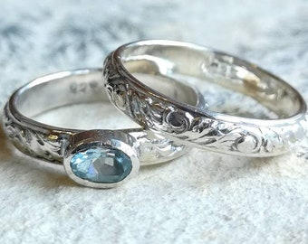 Aquamarine and Sterling Silver Ring Set - Floral Pattern Rings - Silver Wedding Ring Set - March Birthstone Jewelry - Flower Wedding Rings