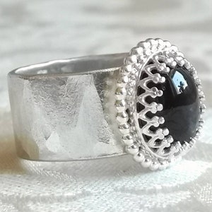 Ready to Ship Black Star Diopside Sterling Silver Ring - Wide Silver Ring - Beaten Silver Ring - Unisex Jewelry - Chunky Silver Ring