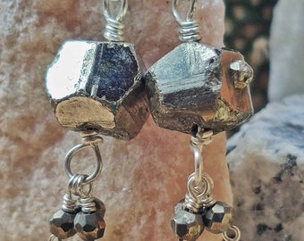 Glittery Pyrite Crystal and Sterling Silver Earrings - Rough Crystal Dangle Earrings - Holiday Party Jewelry - Girlfriend Gift - Wife Gift