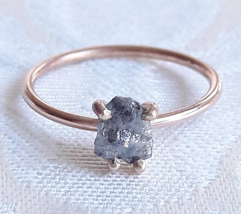 Rough Gray Diamond Engagement Ring Uncut Diamond Ring Raw Crystal Ring Rough Stone Jewelry Solitaire Ring Boho Gift for Girlfriend image 6