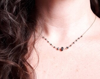 Raw Black Diamond and 14K Yellow Gold Choker Necklace - Delicate Gold Necklace - April Birthstone Necklace - Valentine's Day Gift Ideas