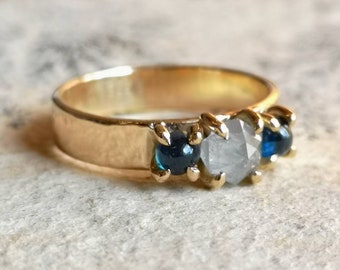 Three Stone White Rose-Cut Diamond and Blue Sapphire Engagement Ring - 14K Rosé Gold Ring - Size 6.25 Ring -  Ready to Ship Diamond Ring