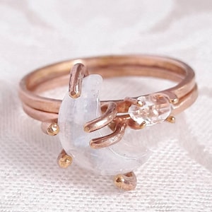 Crescent Moon and Star Stacking Ring Set Celestial Rings Moonstone Ring Herkimer Diamond Ring Stackable Rings Raw Crystal Rings image 5