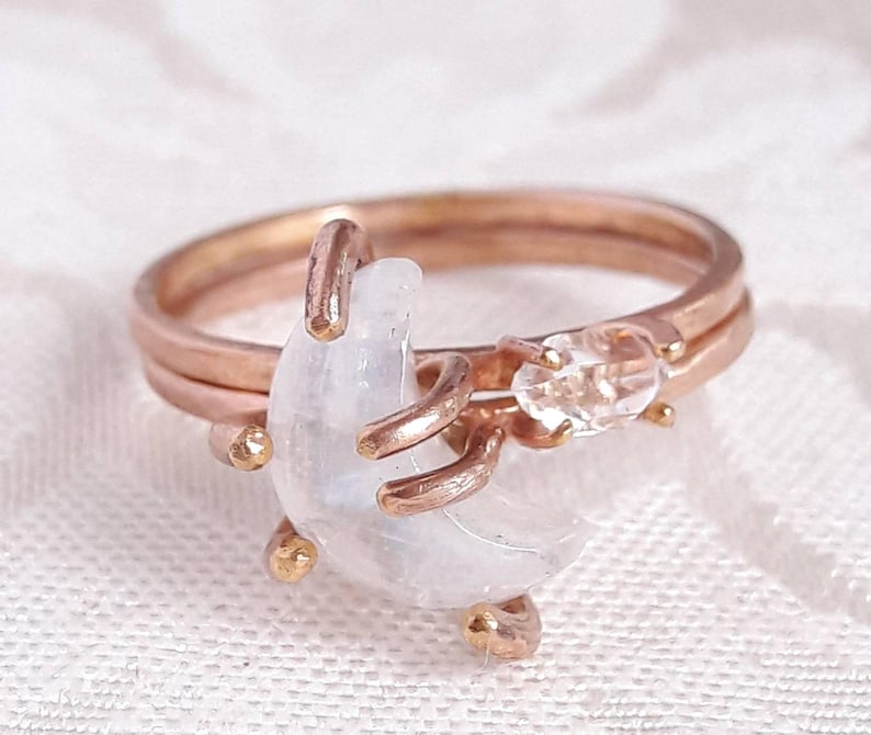 Crescent Moon and Star Stacking Ring Set Celestial Rings Moonstone Ring Herkimer Diamond Ring Stackable Rings Raw Crystal Rings image 5