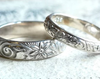 Floral gemusterten Sterling Silber Ehering Set - Unisex Trauringe - Versprechen Ringe - Blumen Eheringe - Ringe für Paare