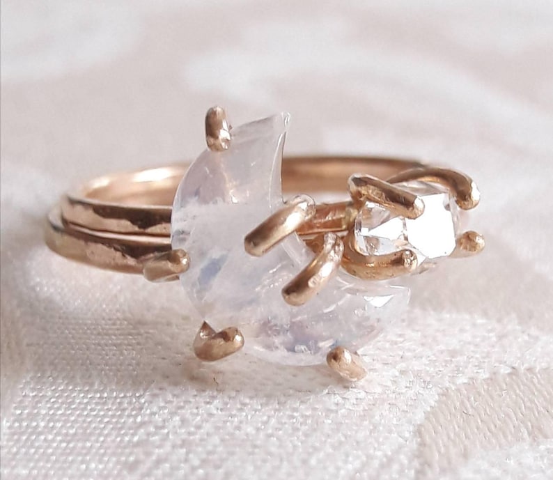 Crescent Moon and Star Stacking Ring Set Celestial Rings Moonstone Ring Herkimer Diamond Ring Stackable Rings Raw Crystal Rings image 3