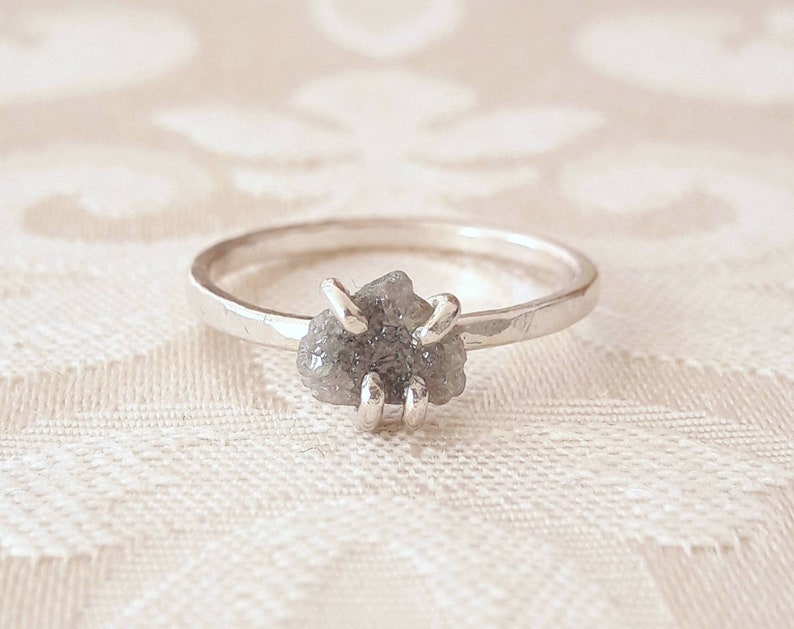 Rough Gray Diamond Engagement Ring Uncut Diamond Ring Raw Crystal Ring Rough Stone Jewelry Solitaire Ring Boho Gift for Girlfriend image 2