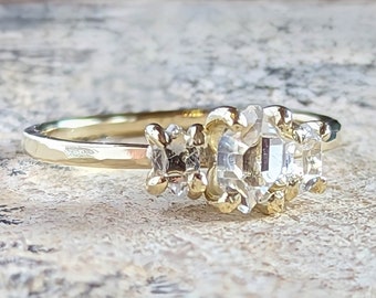 Small Three Stone Herkimer Diamond Quartz Crystal Engagement Ring - Anniversary Gift - Rough Crystal Ring - Promise Ring - Raw Stone Ring