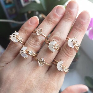 Crescent Moon and Star Stacking Ring Set Celestial Rings Moonstone Ring Herkimer Diamond Ring Stackable Rings Raw Crystal Rings image 9