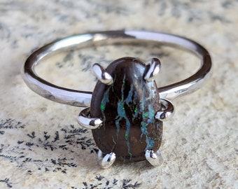 Natural Australian Boulder Opal and Sterling Silver Ring - Boulder Opal Stacking Ring - October Birthstone Jewelry - Gifts Under 50