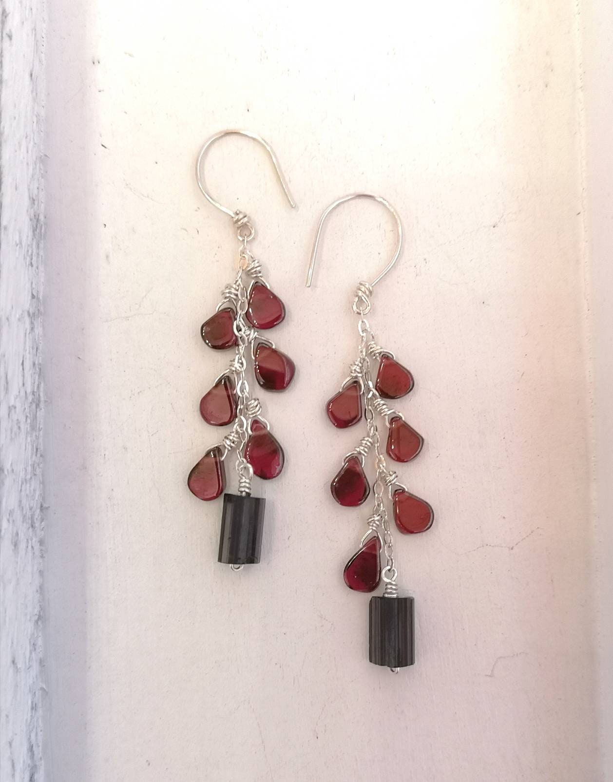 Black Tourmaline and Red Garnet dangle earrings