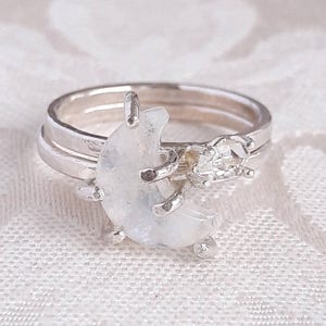 Crescent Moon and Star Stacking Ring Set Celestial Rings Moonstone Ring Herkimer Diamond Ring Stackable Rings Raw Crystal Rings image 6