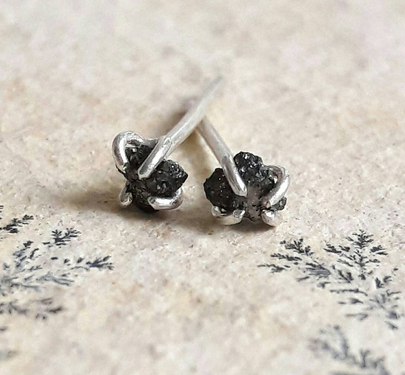 Rough Black Diamond and Sterling Silver Stud Earrings April | Etsy