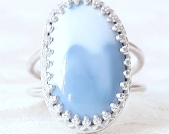 Natural Blue Opal and Sterling Silver Ring - October Birthstone - Peruvian Opal - Split Band Ring - Boho Ring - Cocktail Ring - Blue Stone