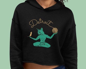 Spirit of Detroit Cropped Hoodie | With Cat, Yarn Ball, and Mouse | Detroit Gift | Women's Black Crop Hoodie | I Club Detroit