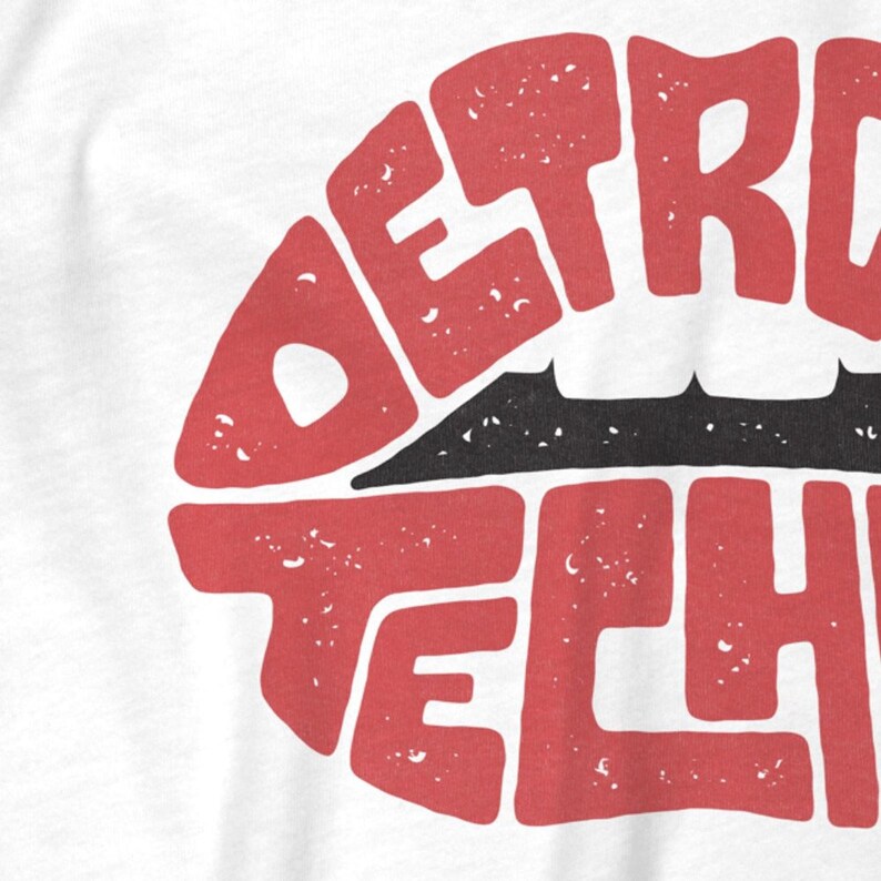 May include: Red lips with the words "DETROIT TECH" spelled out in a vintage style.