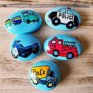 Hand-Painted Vehicle Rocks: Fire Engine, Police Car, Train