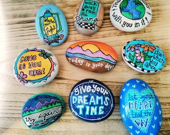 Hand-Painted Inspirational Rocks: Positive Quote Cement Stones, Shine Your Light, Give Your Dreams Time, Start Where You Are, Try Again