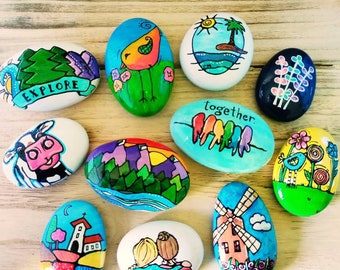 Hand-Painted Kindness Rocks: Inspirational Art, Sunshine, Flowers, Friends, Sisters, Windmill, Birds, Cow