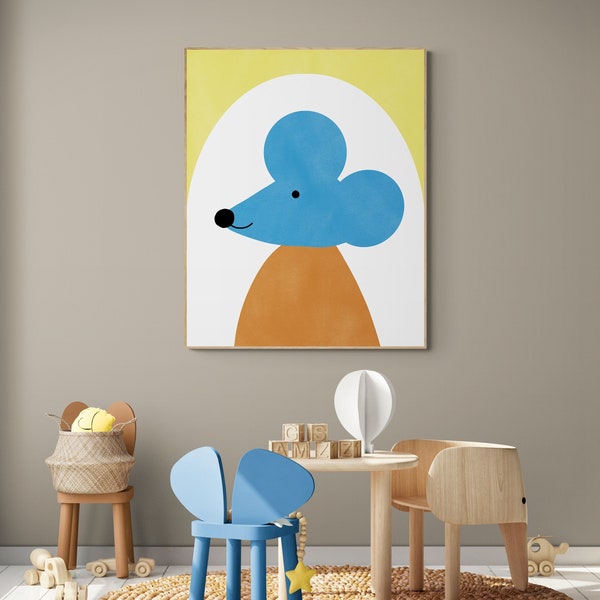 Wall Art Print,  Kids Art Prints, Fun Art Print, Colorful Poster: “Blue mouse in my house” - Featuring a sassy, colorful mouse