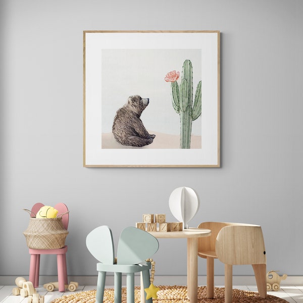 Wall Art Print: “Desert Bear” - Featuring our Huggable Bear Gazing at a Beautiful Cactus Flower during the Day
