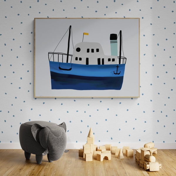 Wall Art Print,  Kids Art Prints, Fun Art Print, Colorful Poster: “Schooner” - Featuring a whimsical fishing boat