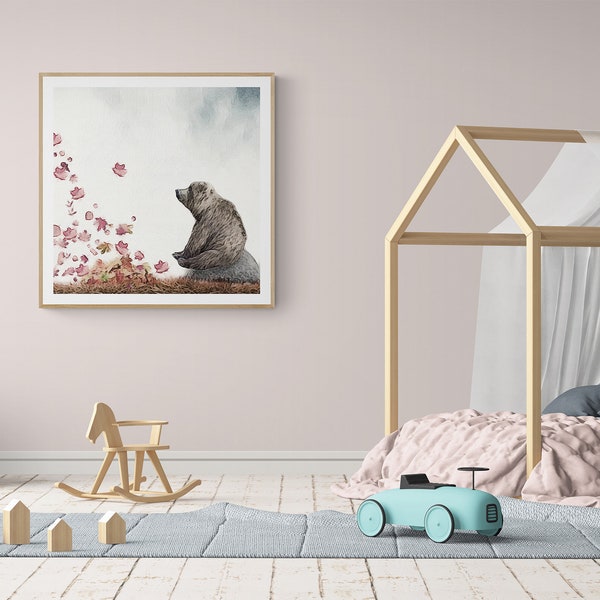 Wall Art Print: “Might as Well Jump!” - Featuring a Huggable Bear seated on a Boulder watching the leaves Fly and Fall.