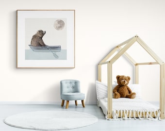 Wall Art Print: “Hello Moon” - Featuring our Huggable Bear Friend gazing at a full moon while floating on a paddle boat in the water