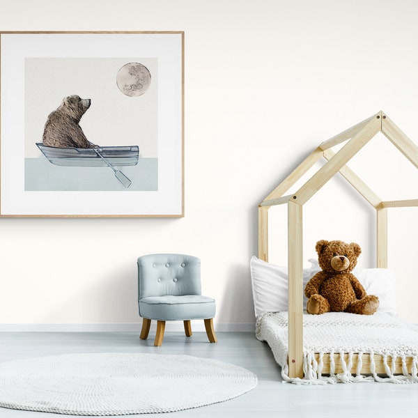 Wall Art Print: “Hello Moon” - Featuring our Huggable Bear Friend gazing at a full moon while floating on a paddle boat in the water